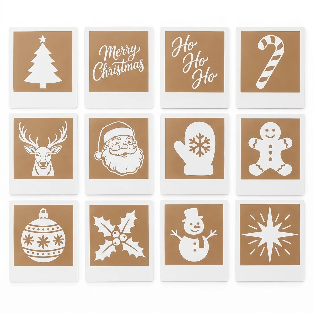 Twelve kraft-paper coffee stencils with white Christmas designs