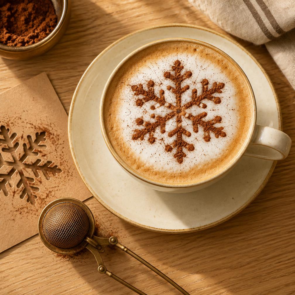 A cappuccino with a cocoa snowflake design dusted through a kraft stencil